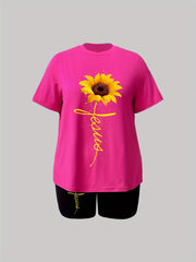 Casual 2 Piece Set Art Letter & Sunflower Print Crop Top & Shorts