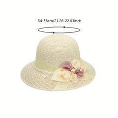 Foldable Flower Sun Hat Lace Ribbon Decor Sunscreen Basin Hat