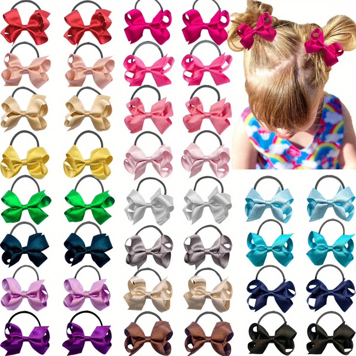 40pcs Glitter Silky Ribbon Bows Hair Tie Elastic Ties Hair Bands For Baby Girls