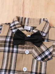2pcs Baby Boys Plaid Bowtie Shirt & Suspender Shorts Gentleman Outfit
