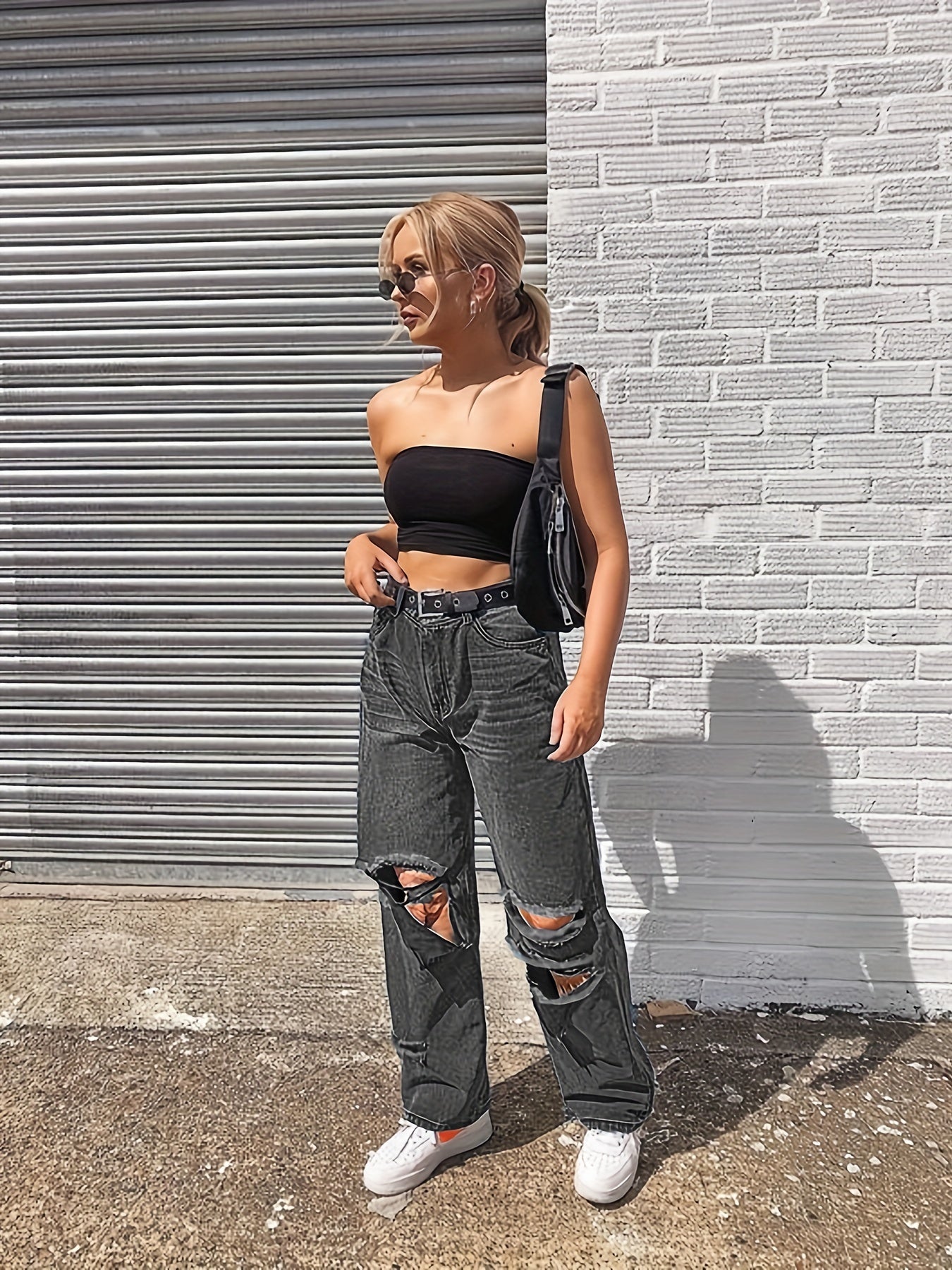 Distressed Straight Jeans Ripped Holes Loose Fit Denim Pants