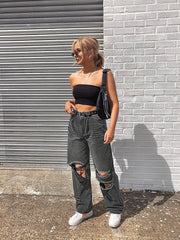 Distressed Straight Jeans Ripped Holes Loose Fit Denim Pants