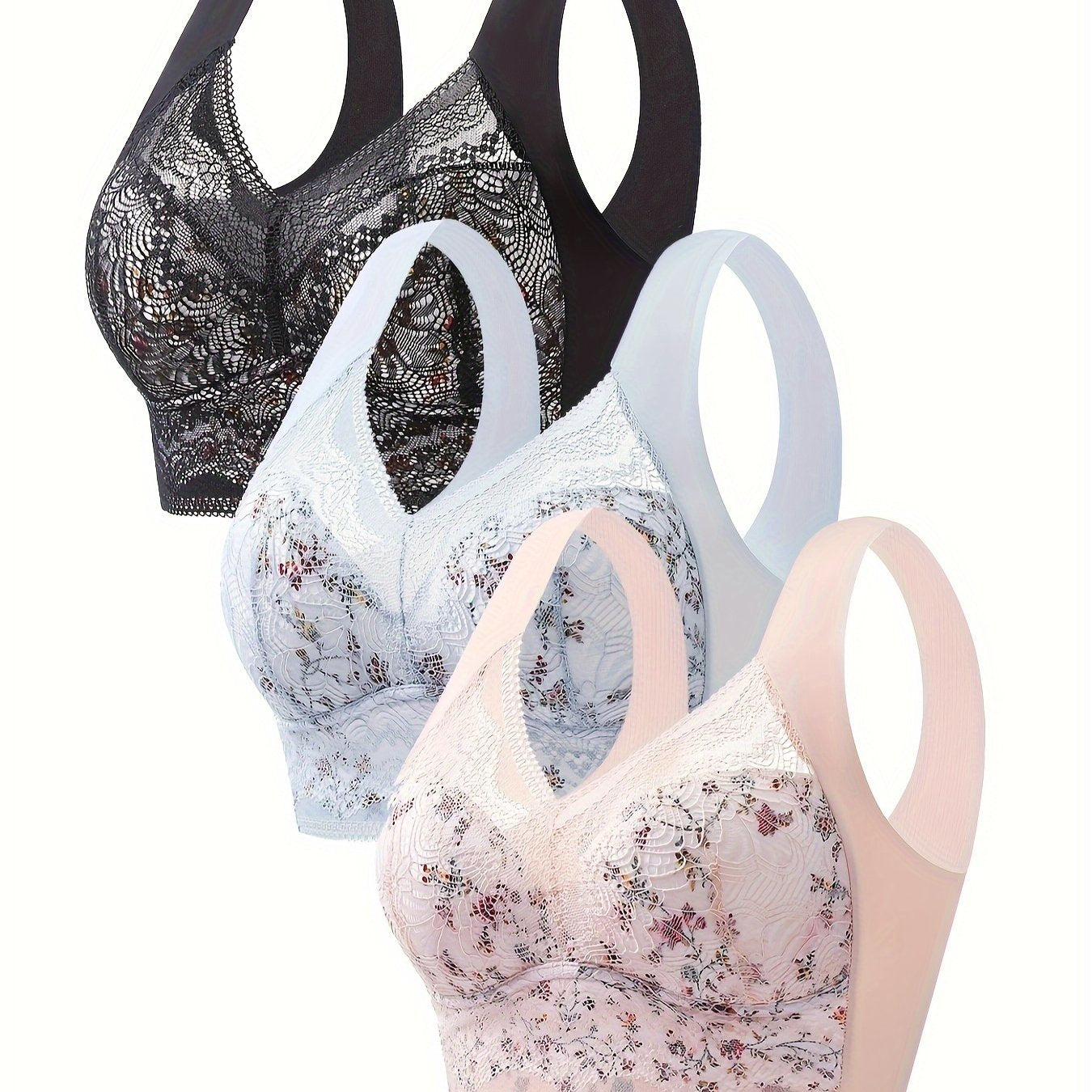 3pcs Floral Lace Wireless Bras Women's Lingerie