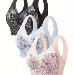 3pcs Floral Lace Wireless Bras Women's Lingerie