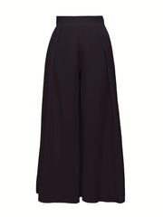 Solid Pleated Wide Leg Pants Dual Pockets High Waisted Pants