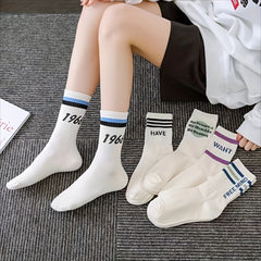 5 Pairs Letter Striped Socks Comfy & Breathable Women's Stockings