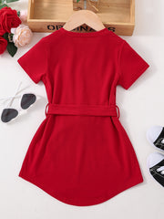 Girls Princess Dress Bow Knot Short Sleeves Crew Neck Kids Clothes