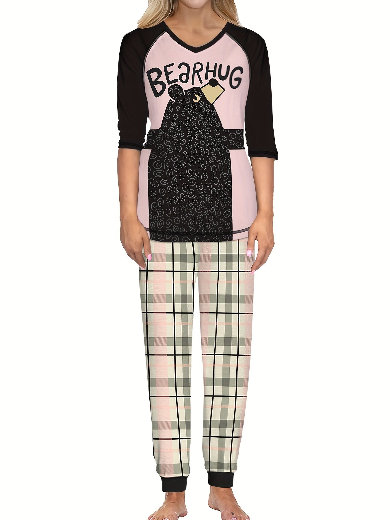 Christmas Cartoon Cat Print Lounge Set Long Sleeve Top & Pants Women's Pajamas