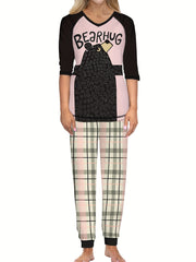 Christmas Cartoon Cat Print Lounge Set Long Sleeve Top & Pants Women's Pajamas