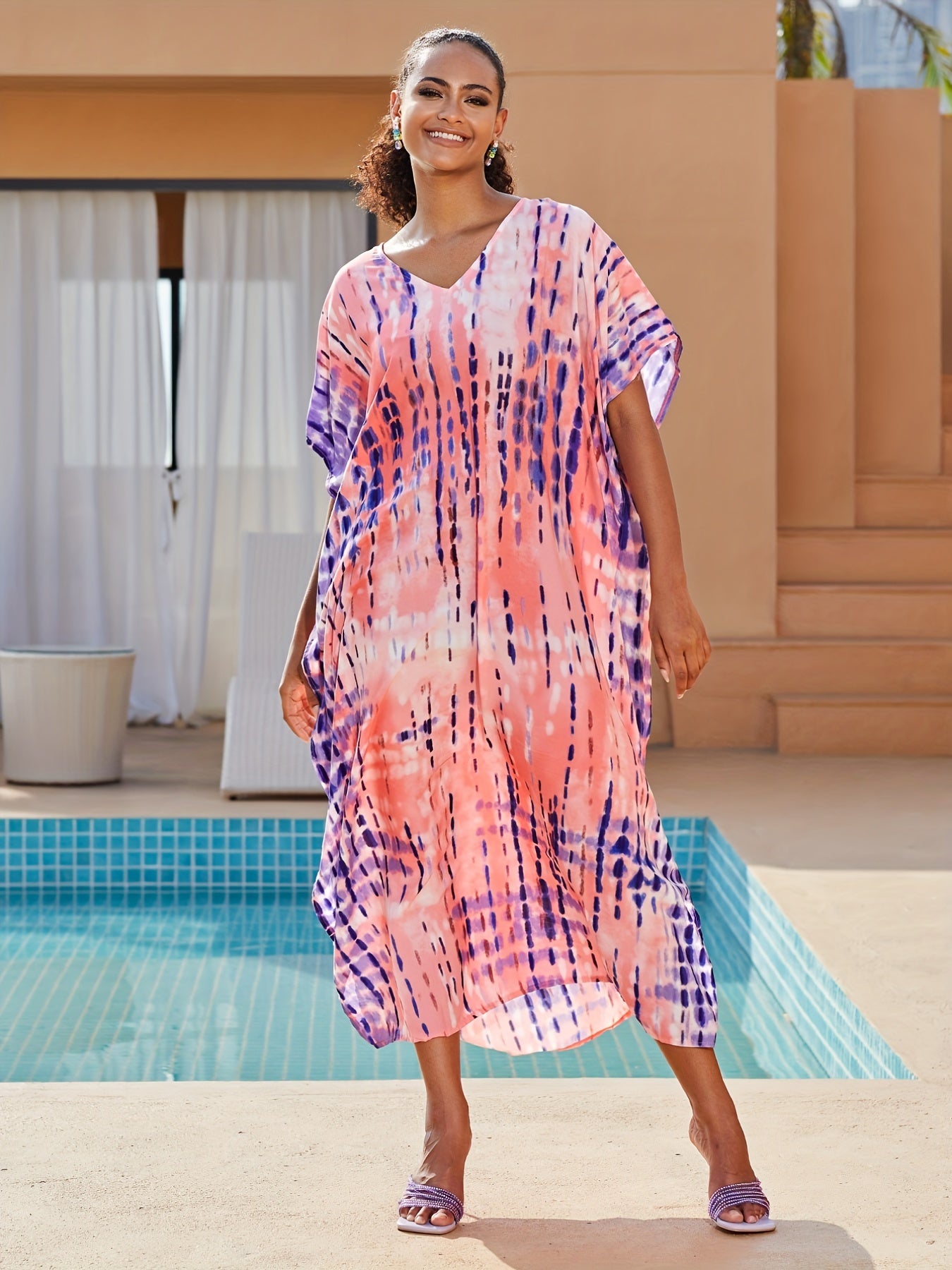 Tie Dye Stripe Print V Neck Maxi Beach Cover Up
