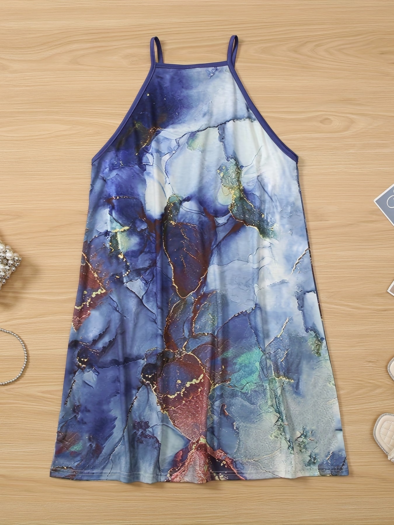 Marble Print Gradient Spaghetti Dress Summer Mini Dress