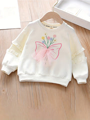 Girls Flowers Graphic Sweatshirt with Tulle, Long Sleeve Top Pullovers