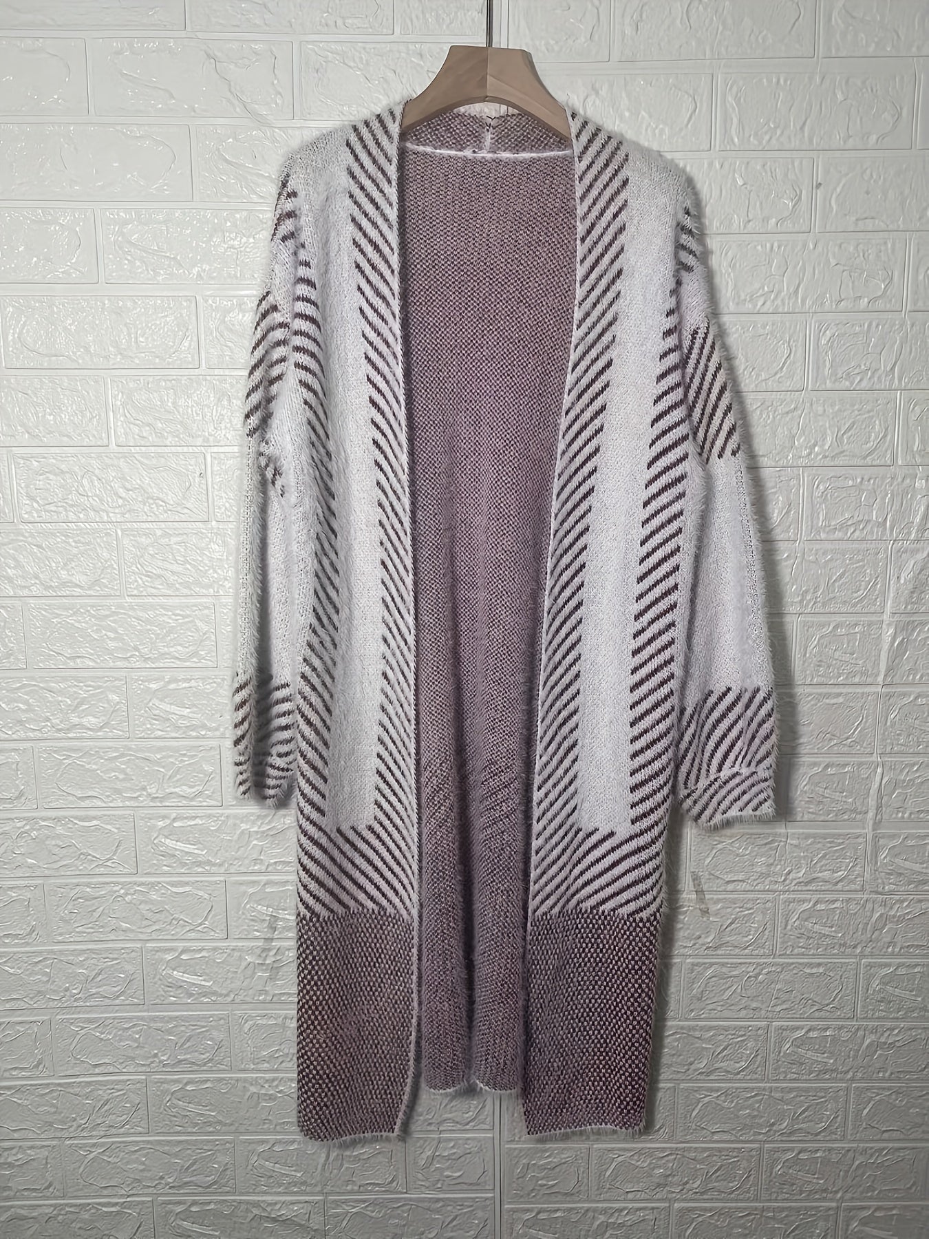 Striped Knitted Open Front Cardigan Vintage Long Sleeve Cardigan