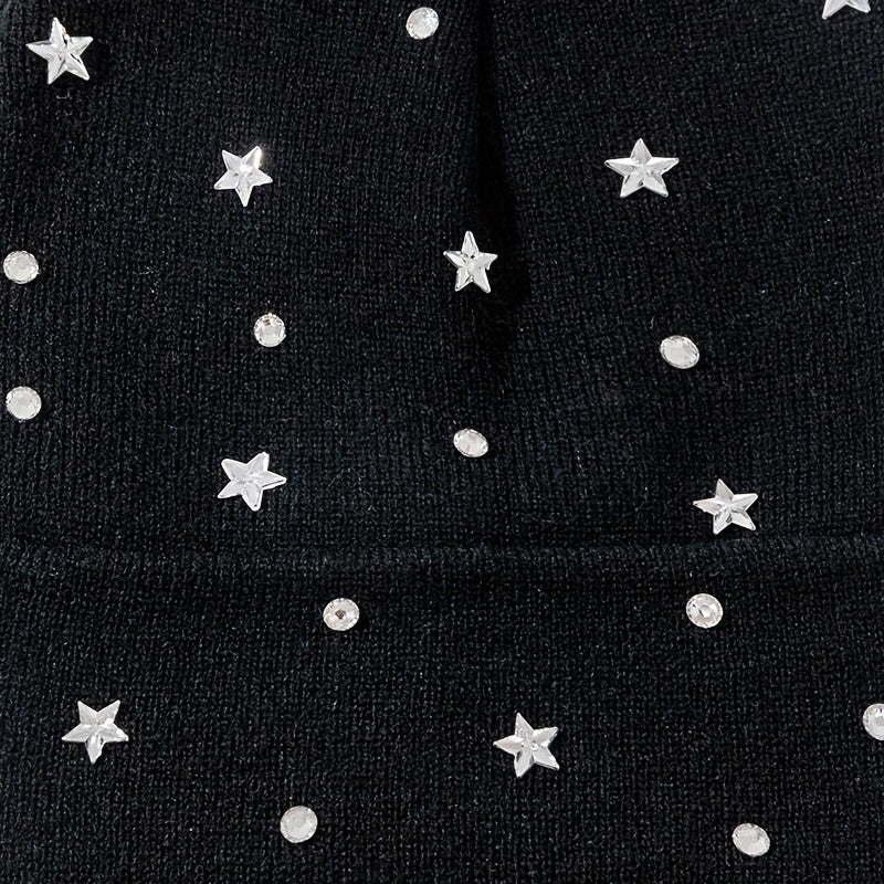 Crystal Star Beanie Knit Hat Elastic Warm Skull Cap for Women