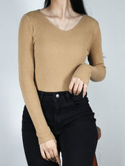 Solid V Neck Sweater Long Sleeve Casual Tops for Women