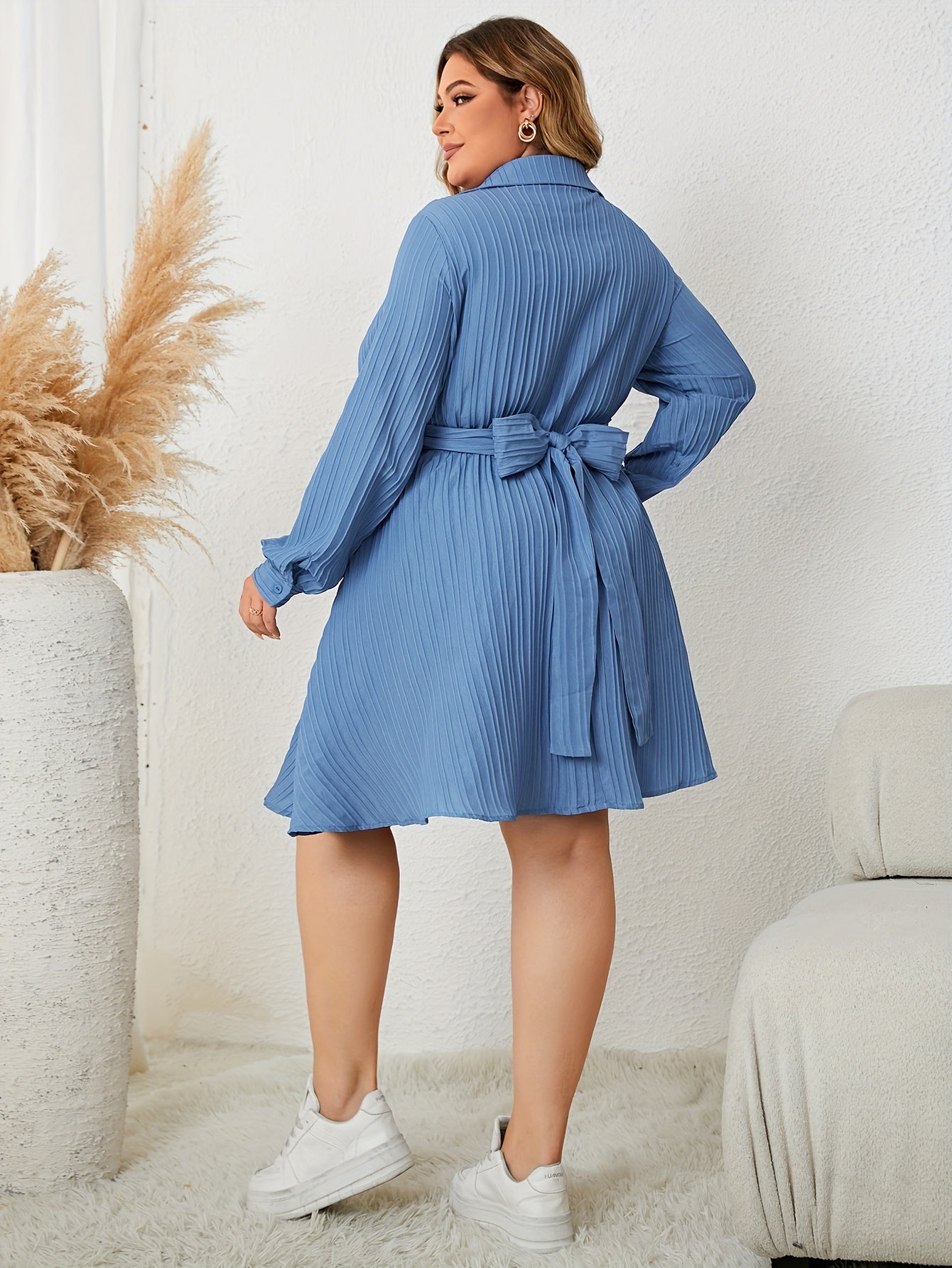 Solid Ribbed Lantern Sleeve V Neck A line Dress