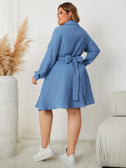 Solid Ribbed Lantern Sleeve V Neck A line Dress