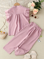 2pcs Toddler Girls Flutter Sleeve Button Blouse & Bow Wide Leg Pants Set