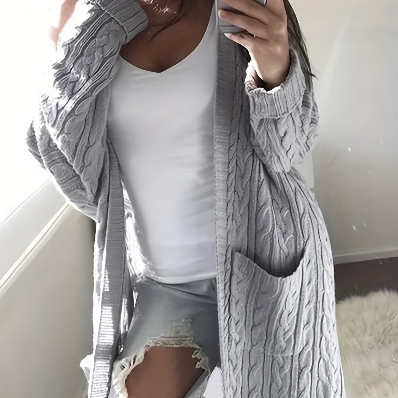 Solid Ribbed Long Sleeve Open Front Cardigan With Pockets