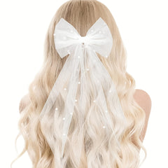 Pearl Bow Bridal Veil Ribbon Hair Clip Accessory for Wedding Bachelorette Party