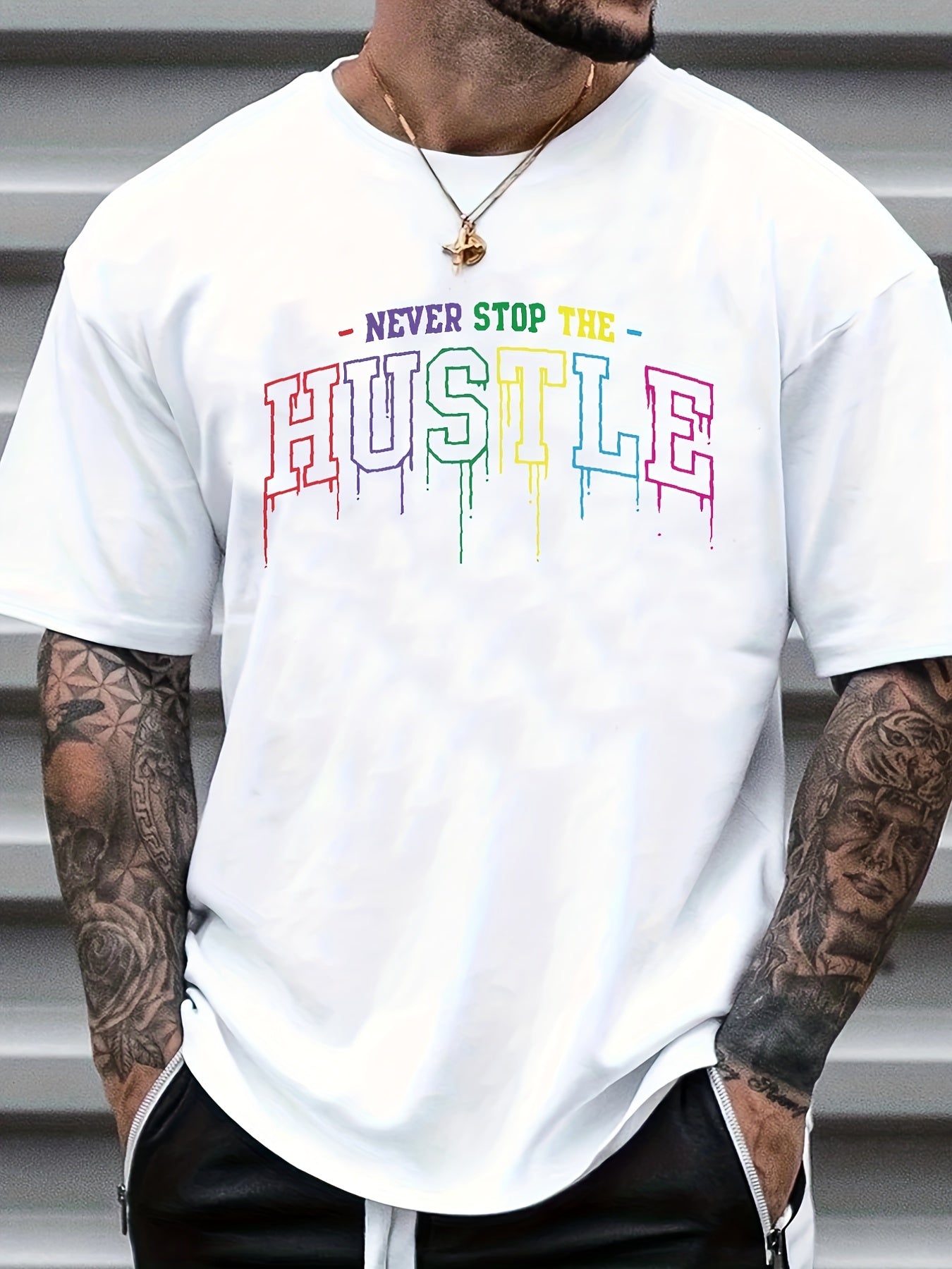 Men's Hustle Print Graphic Crew Neck T-shirt for Summer