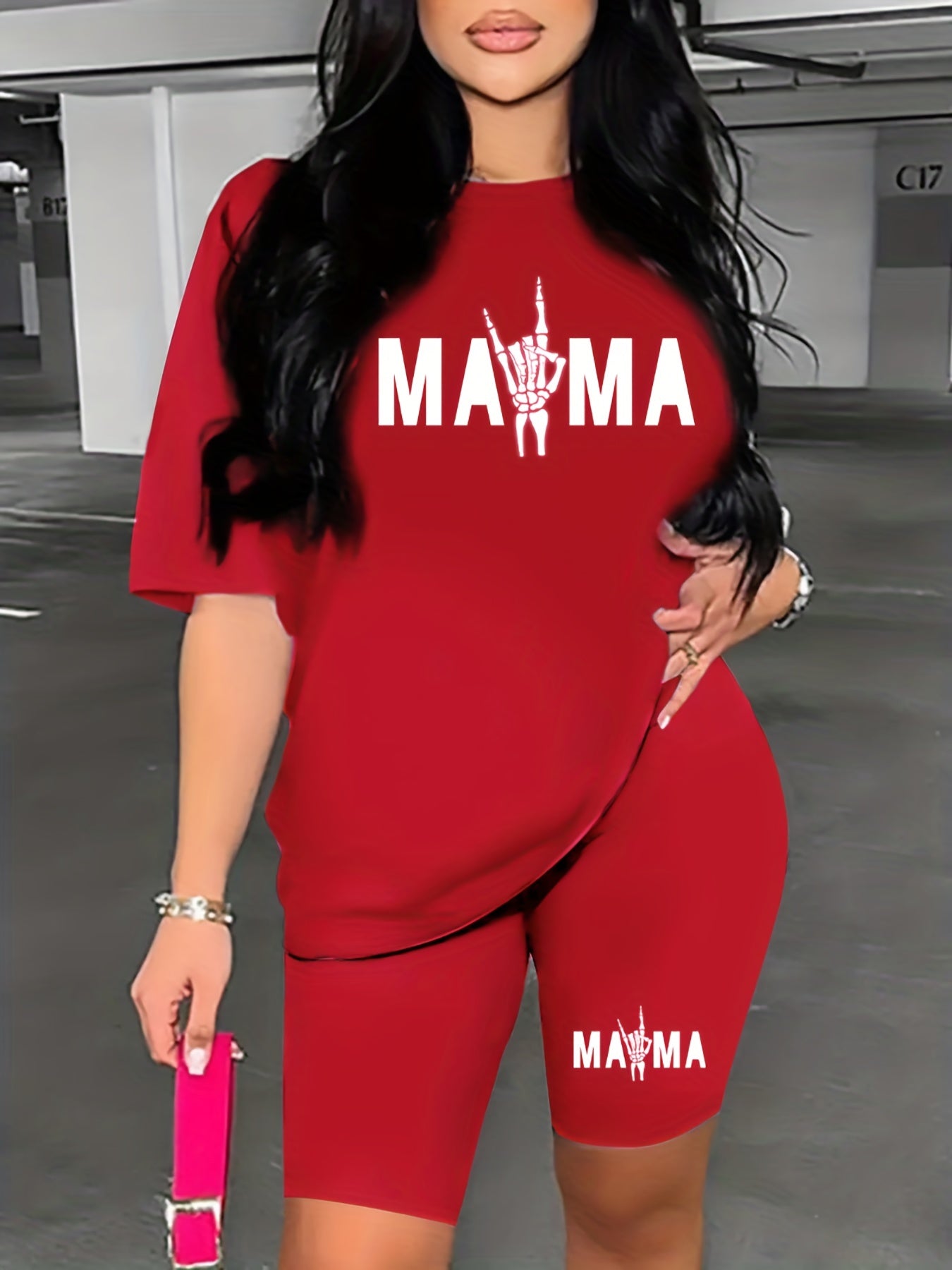 Mama Letter Print Short Sleeve T Shirt & Biker Shorts Set
