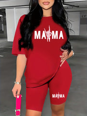 Mama Letter Print Short Sleeve T Shirt & Biker Shorts Set