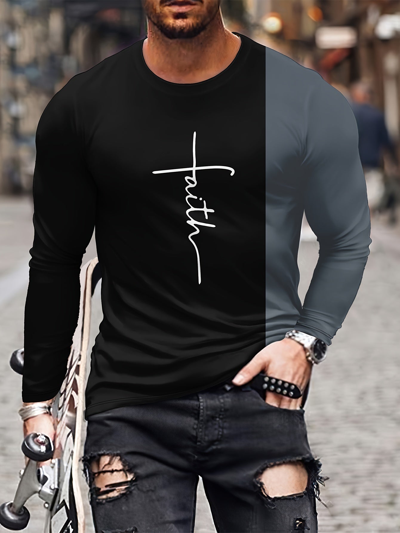 Men's Block Long Sleeve T shirt Casual Comfy Tees For Autumn