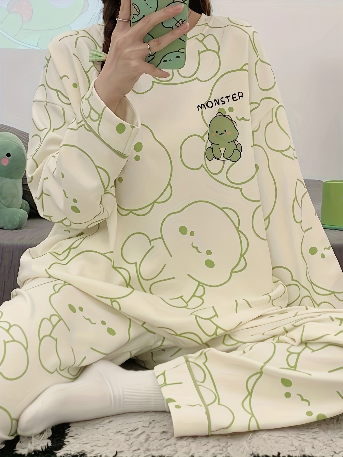 Dino Print Pajama Set Long Sleeve Top & Pants