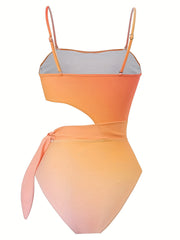 Ombre Floral Print Swimsuit Square Neck Cut Out Tie Side High Cut