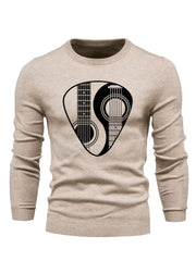 Men's Instrument Print Knitted Sweater Active Mid Stretch Slim Fit Warm Pullover