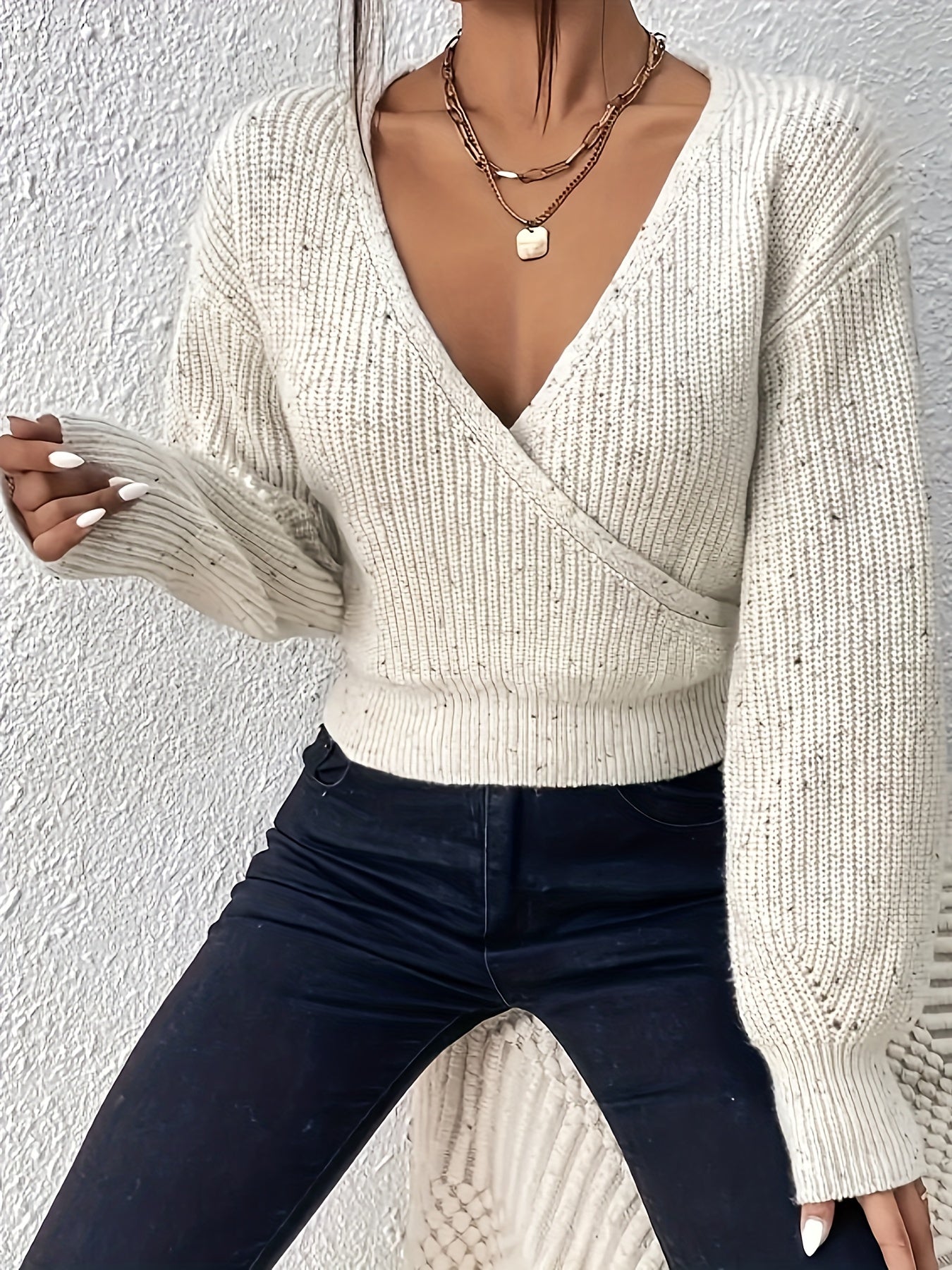 Surplice Neck Knit Sweater Long Sleeve Casual