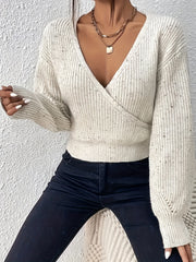 Surplice Neck Knit Sweater Long Sleeve Casual