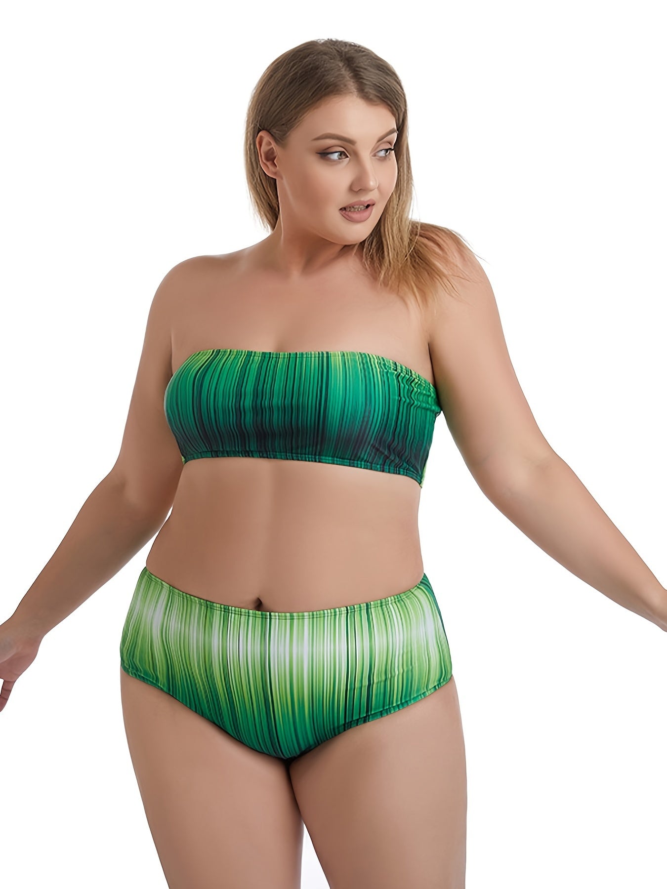 Colorblock Striped Print Tube Bikini Set Plus Size Medium Stretch Bathing Suit