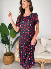 Lip Print Crew Neck Nightdress Short Sleeve Sleep Dress Women's Sleepwear