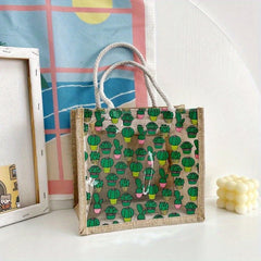 Printed Burlap Handbag Portable Shopping Bag Zipper Tote For Work School Picnic