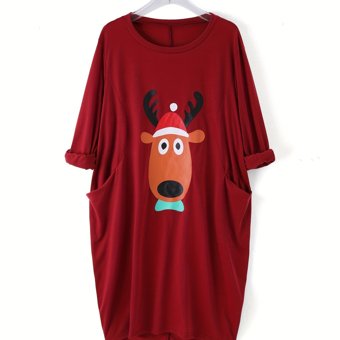 Elk Print Long Sleeve Christmas Dress with Pockets