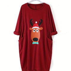 Elk Print Long Sleeve Christmas Dress with Pockets