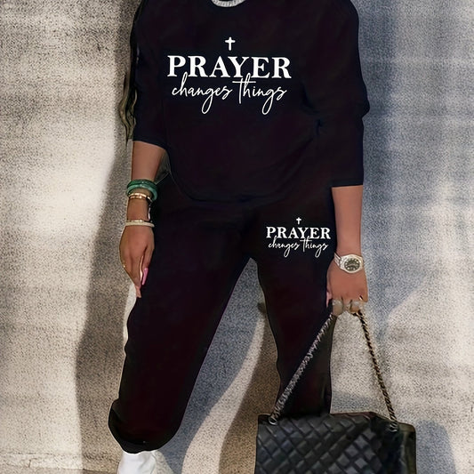 Women's Plus Cross & Slogan Print Fleece Sweatshirt & Jogger Sweatpants Set