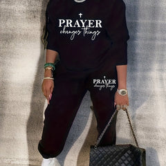 Women's Plus Cross & Slogan Print Fleece Sweatshirt & Jogger Sweatpants Set