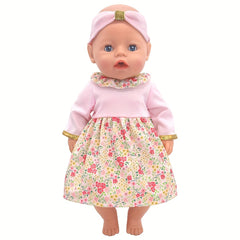 43 Doll Pink Floral Dress with Golden Trim Bodysuit Set