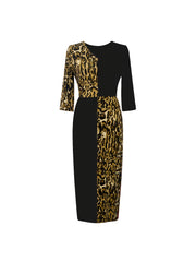 Leopard Print Splicing Dress 3 4 Sleeve Split Dress Women's Clothing