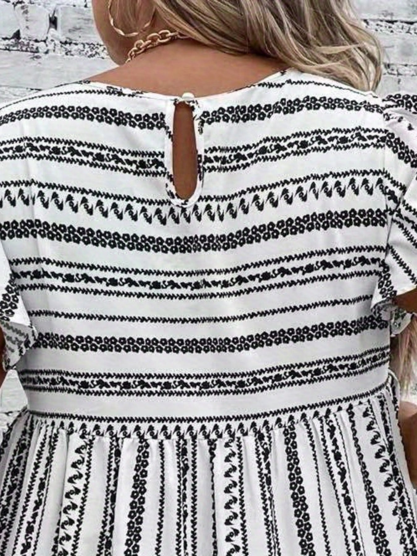 Women's Plus Geo Stripe Print Ruffle Sleeve Boho Dress