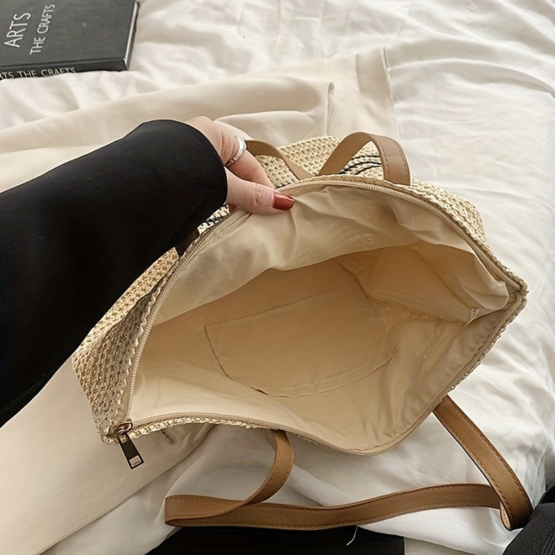 Woven Striped Tote Bag Summer Beach Shoulder Large Handbag Travel Vacation