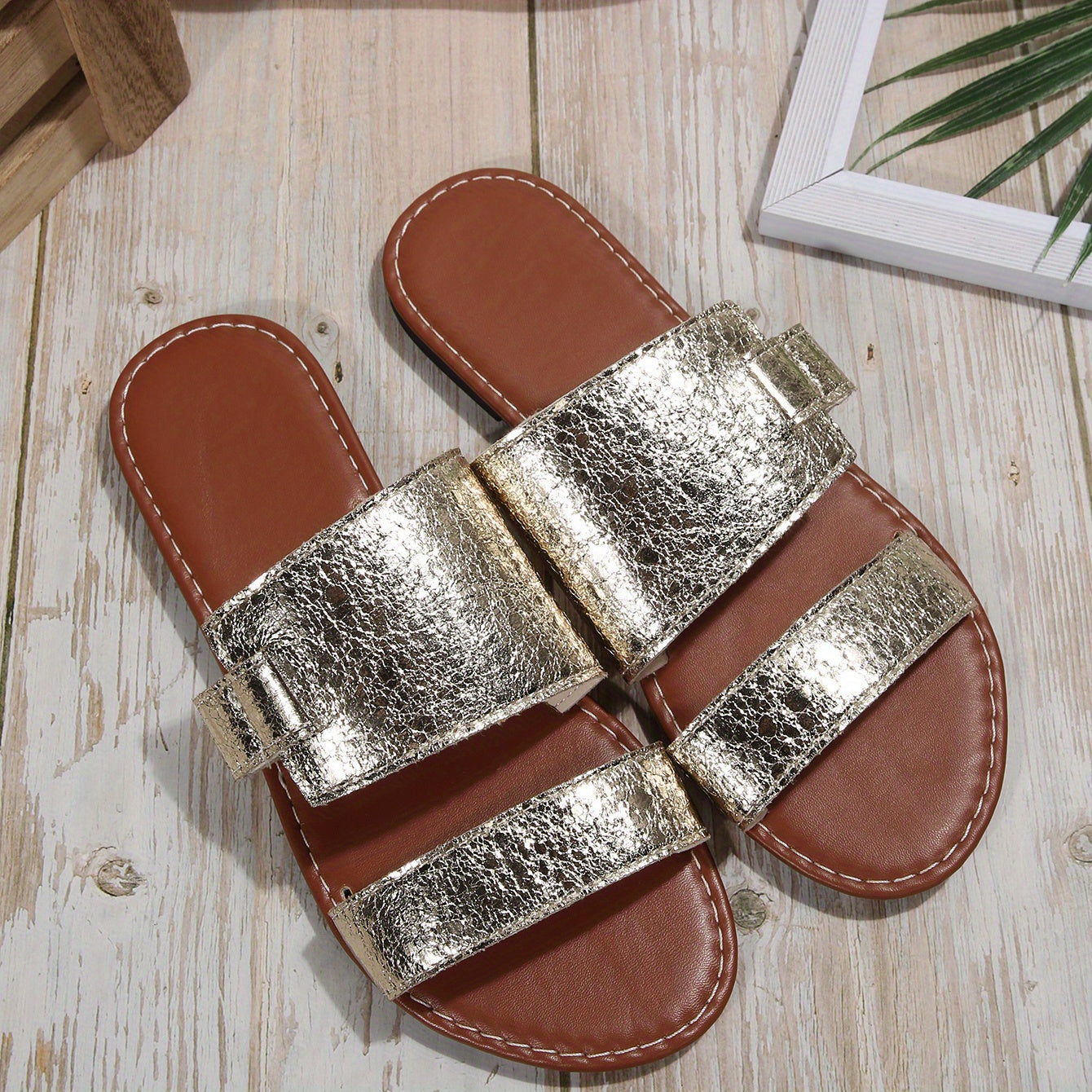 Women's Open Toe Flat Slides Casual Golden Slip On Slide Sandals
