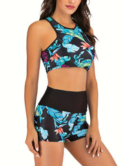 Vacay Bikini Set Tropical Print Racer Back Tank Bra & High Rise Shorts