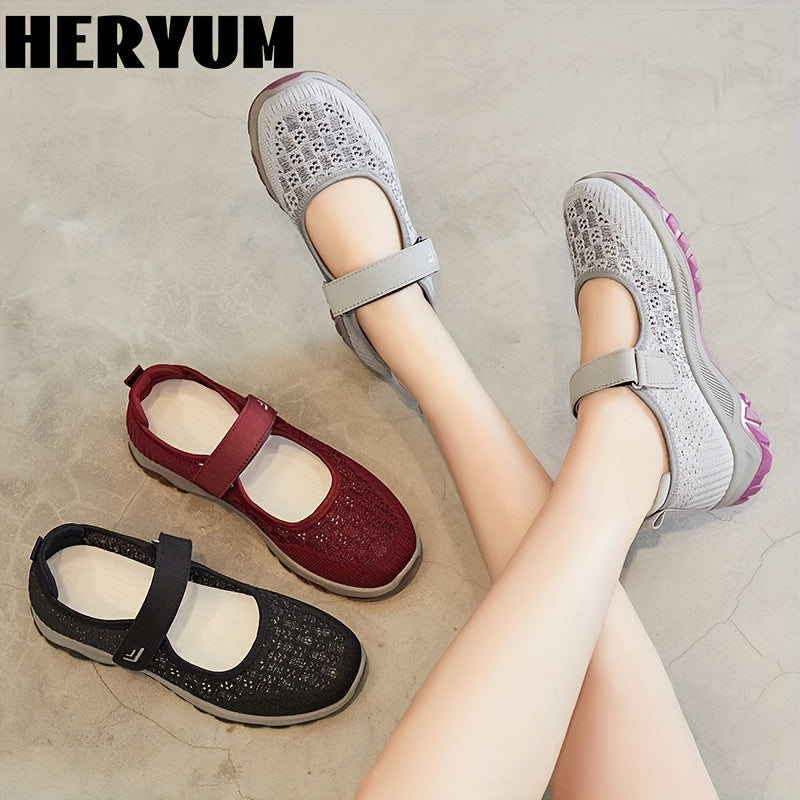 Women's Breathable Knit Sneakers Comfortable Closed Toe Hook & Loop Strap Shoes