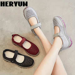 Women's Breathable Knit Sneakers Comfortable Closed Toe Hook & Loop Strap Shoes