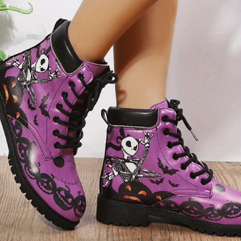 Women's Printed Chunky Heel Lace Up Short Boots Halloween Boots