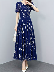 Floral Print Pleated Dress V Neck Maxi Dress Women's Clothing